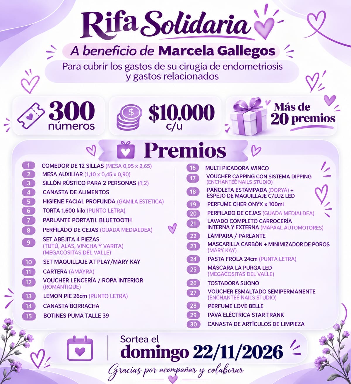 Rifa solidaria a beneficio de Marcela Gallegos