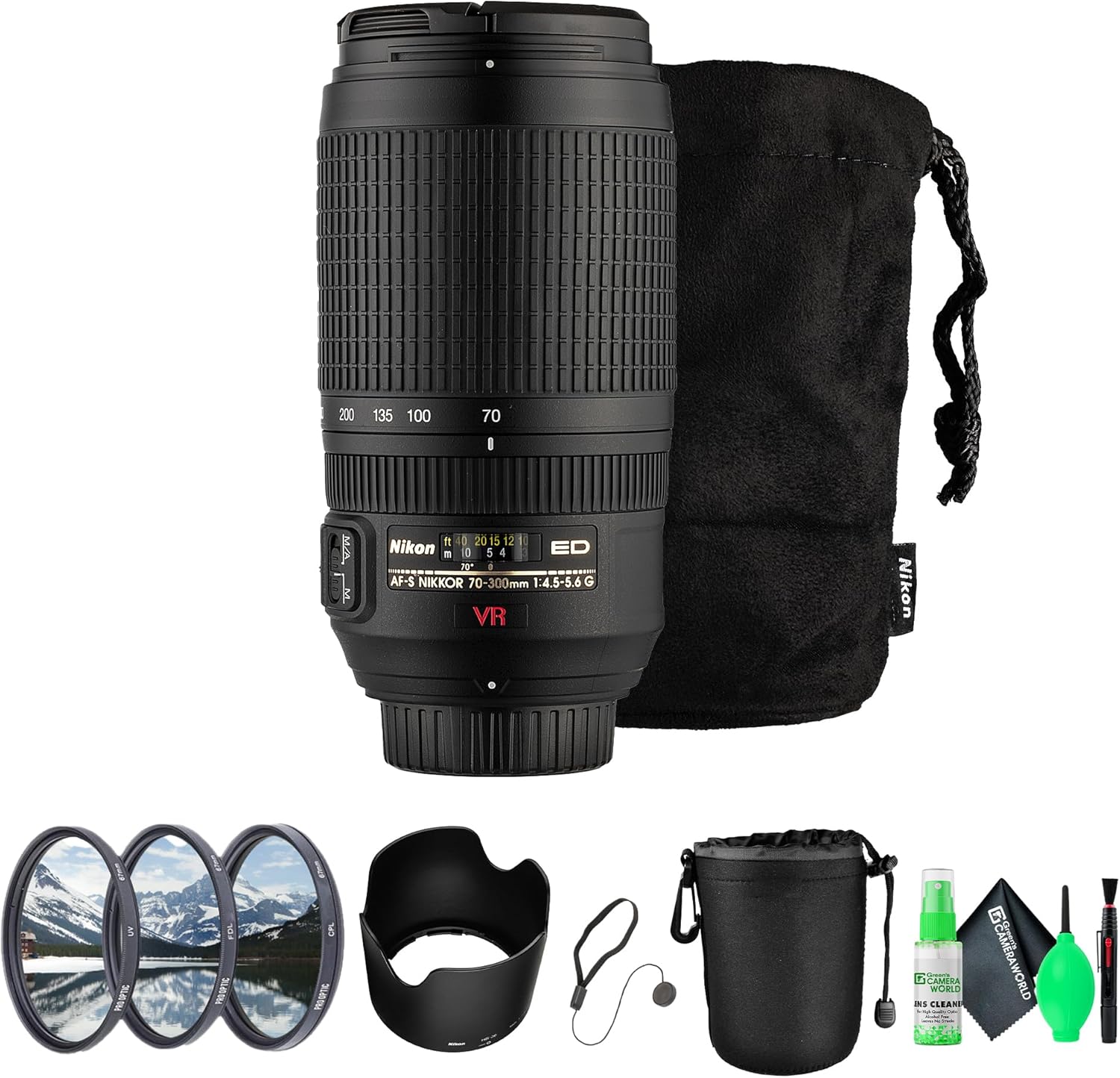 Nikon AF-S VR f/4.5-5.6G IF-ED Teleobjetivo zoom lente VR + kit de filtros + kit de limpieza + bolsa + protector de tapa