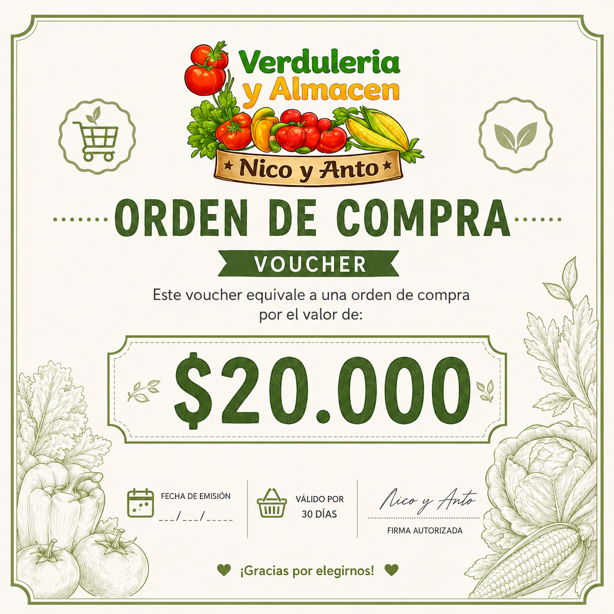 Voucher de compra por $20.000 en almacén y verdulería