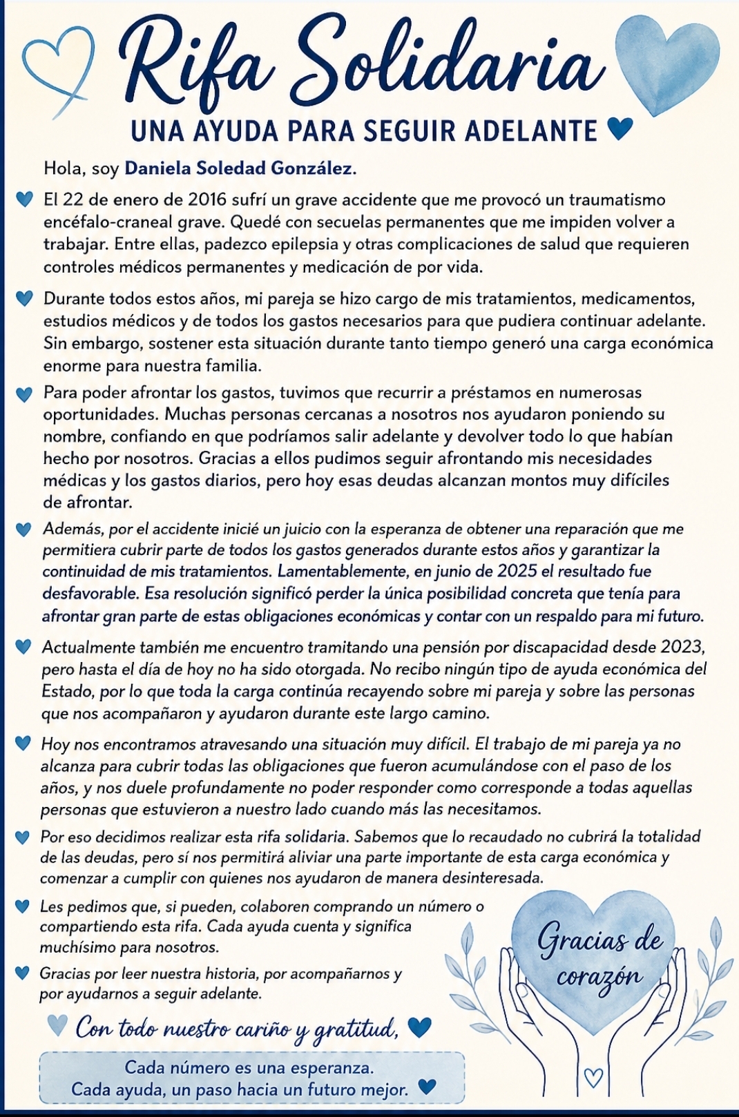 Rifa solidaria- Después de 10 años de lucha tras un grave necesitamos tu ayuda para volver a empezar