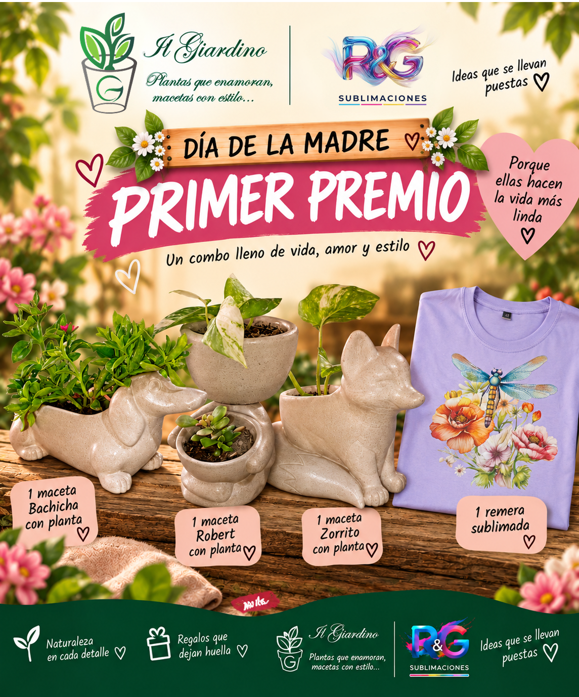 1 maceta Bachicha con planta, 1 maceta Robert con planta, 1 maceta Zorrito con planta y 1 remera Sublimada