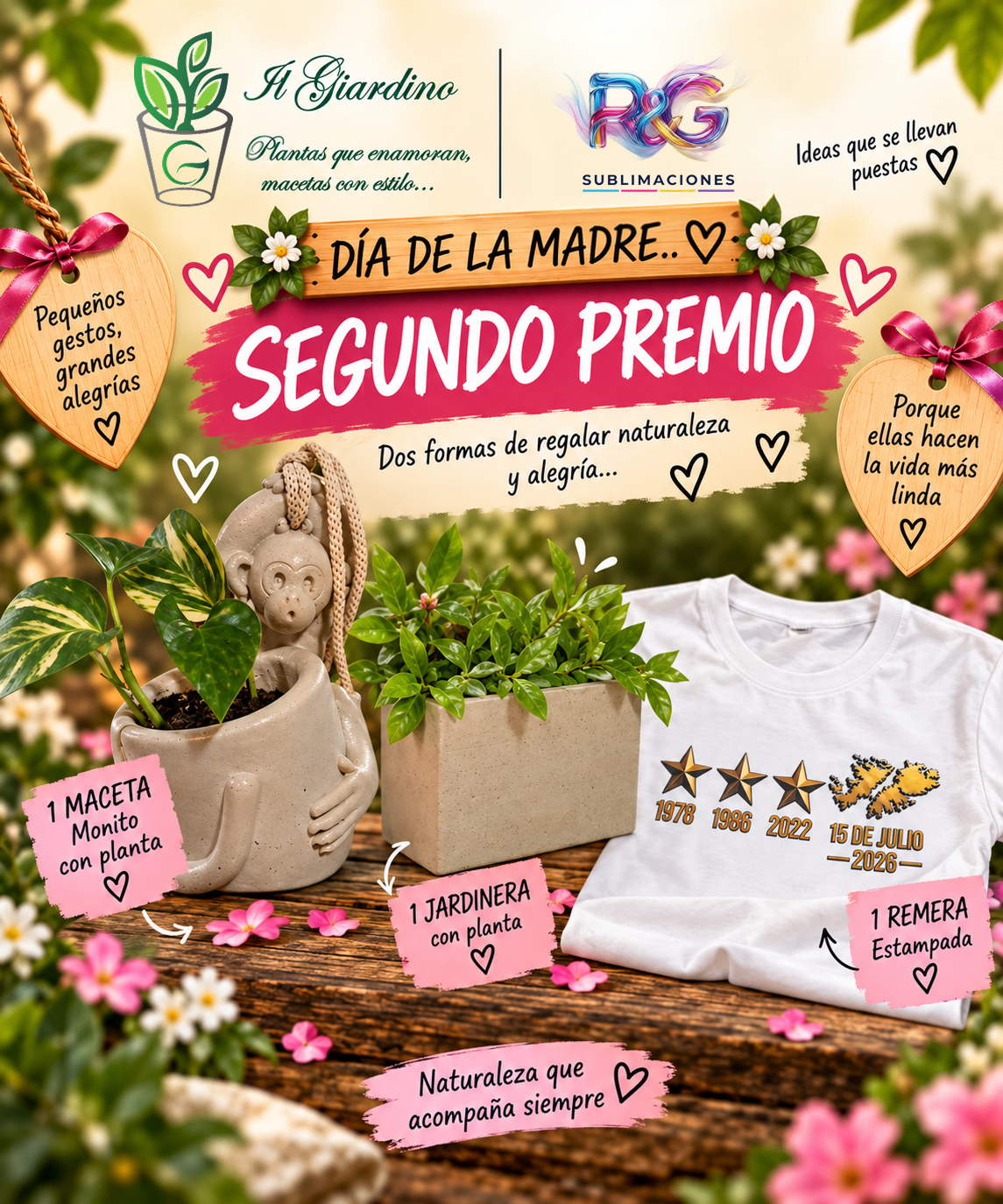 1 remera sublimada, 1 maceta Monito con planta y 1 maceta Jardinera con planta,.