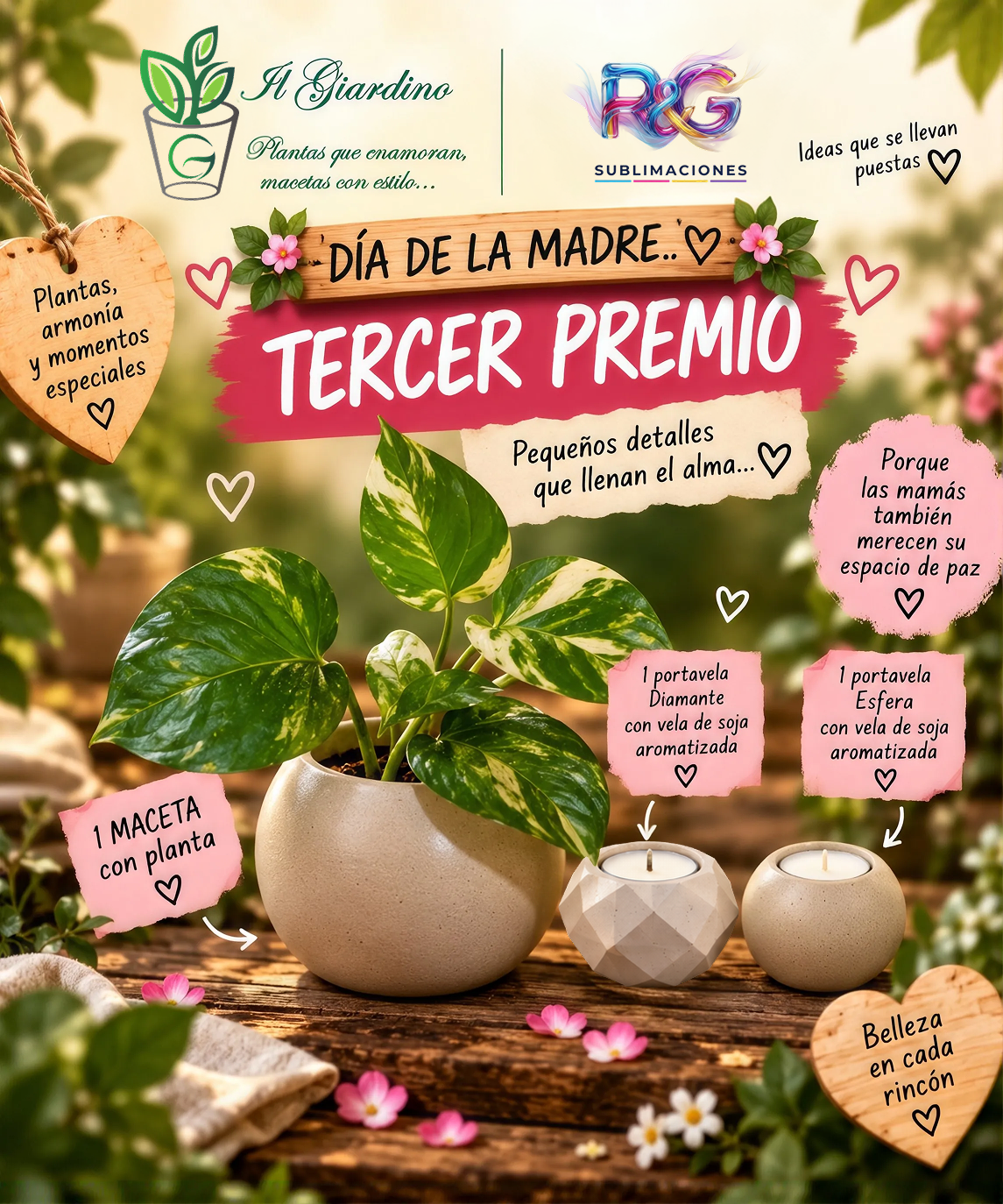 1 maceta Esfera con planta y 1 portavelas con vela artesanal de soja aromatizada